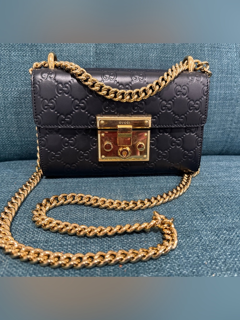 Gucci Black Padlock Embossed GG Leather Crossbody with Gold Chain